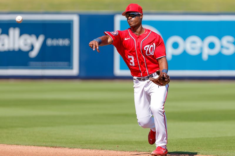 Feb 28, 2023; West Palm Beach, Florida, USA; Washington Nationals second baseman Jeter Downs (3) throws to first base to take out St. Louis Cardinals shortstop Jose Fermin (not pictured) during the fourth inning at The Ballpark of the Palm Beaches. Mandatory Credit: Sam Navarro-USA TODAY Sports