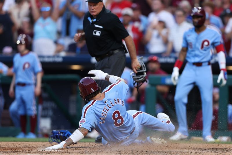 Jul 11, 2024; Philadelphia, Pennsylvania, USA; Philadelphia Phillies outfielder Nick Castellanos (8) scores against the Los Angeles Dodgers during the sixth inning at Citizens Bank Park. Mandatory Credit: Bill Streicher-USA TODAY Sports