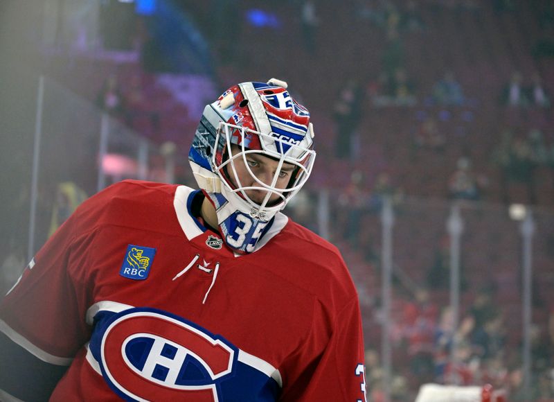 Nov 5, 2024; Montreal, Quebec, CAN; Montreal Canadiens goalie Sam Montembeault (35) skates during the warmup period before the game against the Calgary Flames at the Bell Centre. Mandatory Credit: Eric Bolte-Imagn Images