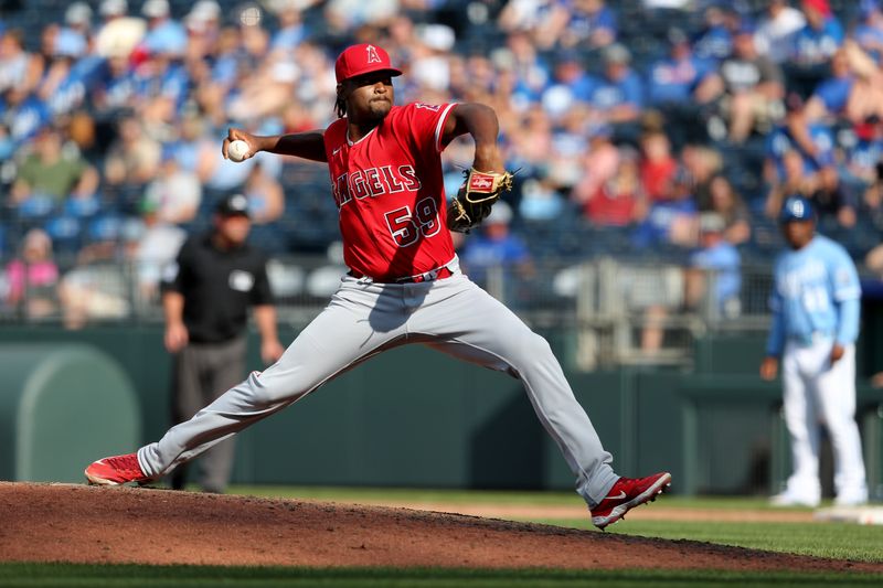 Jun 17, 2023; Kansas City, Missouri, USA; Los Angeles Angels relief pitcher Jose Soriano (59) pitches during the eighth inning of a game against the Kansas City Royals at Kauffman Stadium. Mandatory Credit: Scott Sewell-USA TODAY Sports