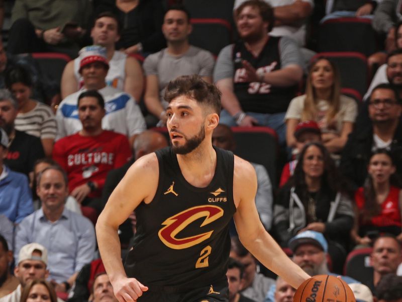 MIAMI, FL - JANUARY 29: Ty Jerome #2 of the Cleveland Cavaliers handles the ball during the game against the Miami Heat on January 29, 2025 at Kaseya Center in Miami, Florida. NOTE TO USER: User expressly acknowledges and agrees that, by downloading and or using this Photograph, user is consenting to the terms and conditions of the Getty Images License Agreement. Mandatory Copyright Notice: Copyright 2025 NBAE (Photo by Issac Baldizon/NBAE via Getty Images)