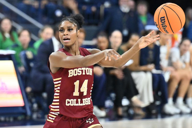 Jan 11, 2024; South Bend, Indiana, USA; Boston College Eagles guard Kayla Lezama (14) passes in the second half against the Notre Dame Fighting Irish at the Purcell Pavilion. Mandatory Credit: Matt Cashore-USA TODAY Sports