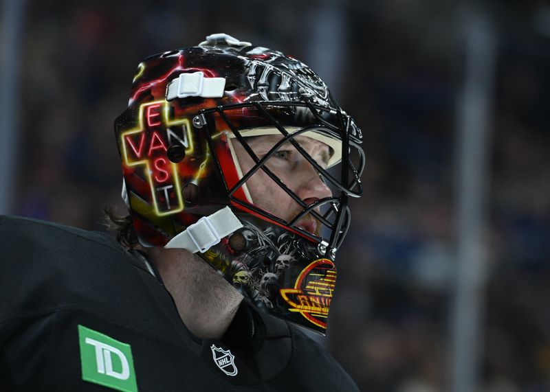 Oct 26, 2025; Vancouver, British Columbia, CAN; Vancouver Canucks goaltender Thatcher Demko (35) skates around during the third period against Edmonton Oilers at Rogers Arena. Mandatory Credit: Simon Fearn-Imagn Images