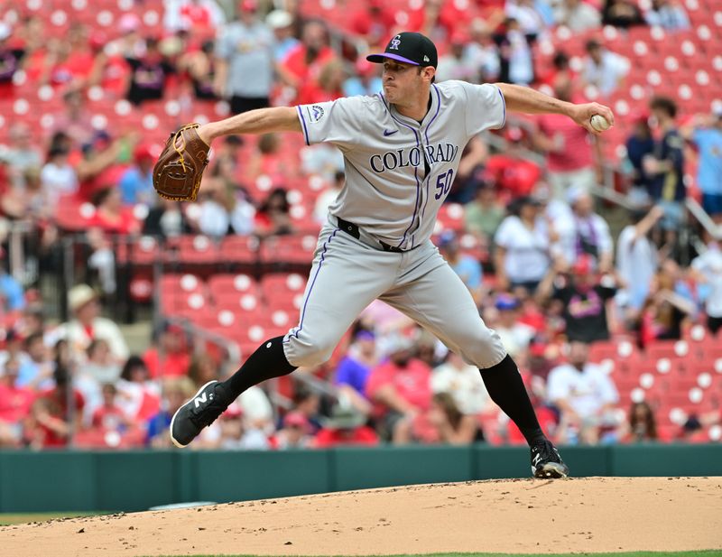  Jun 9, 2024; St. Louis, Missouri, USA; Colorado Rockies pitcher Ty Blach (50) throws against the St. Louis Cardinals in the first inning at Busch Stadium. Mandatory Credit: Tim Vizer-USA TODAY Sports