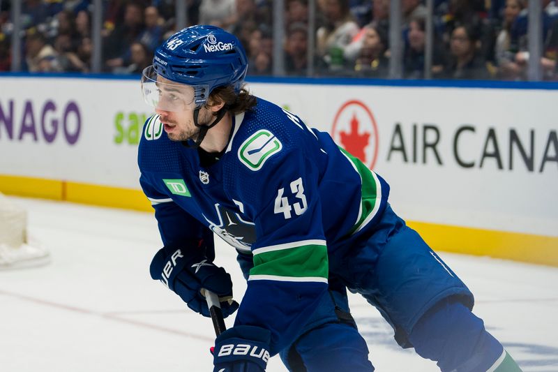 Apr 30, 2024; Vancouver, British Columbia, CAN; Vancouver Canucks defenseman Quinn Hughes (43) skates against the Nashville Predators during the first period in game five of the first round of the 2024 Stanley Cup Playoffs at Rogers Arena. Mandatory Credit: Bob Frid-USA TODAY Sports