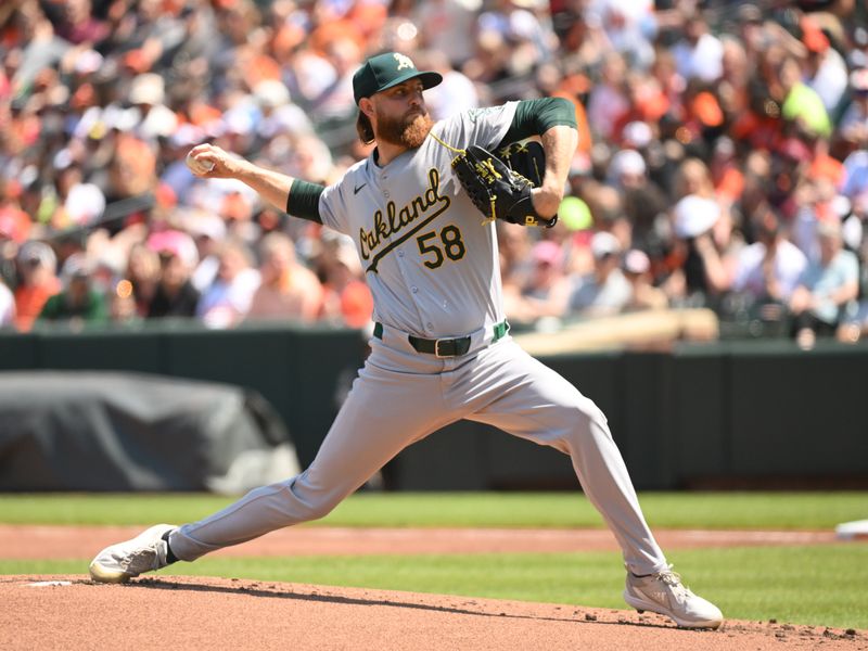 Apr 28, 2024; Baltimore, Maryland, USA;  Oakland Athletics starting pitcher Paul Blackburn (58) delivers a pitch during the first inning against the Baltimore Orioles at Oriole Park at Camden Yards. Mandatory Credit: James A. Pittman-USA TODAY Sports