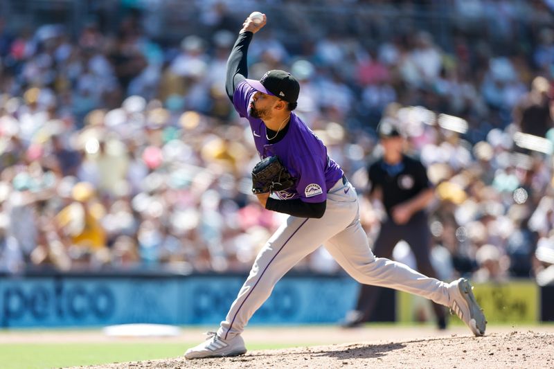 Aug 4, 2024; San Diego, California, USA; Colorado Rockies relief pitcher Anthony Molina (43) throws a pitch during the seventh inning against the San Diego Padres at Petco Park. Mandatory Credit: David Frerker-USA TODAY Sports