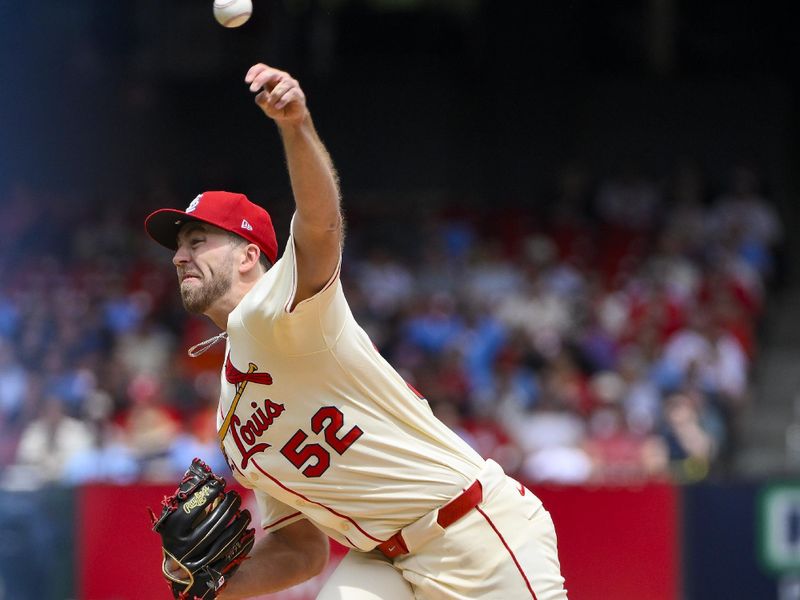 May 24, 2025; St. Louis, Missouri, USA;  St. Louis Cardinals starting pitcher Matthew Liberatore (52) pitches against the Arizona Diamondbacks during the first inning at Busch Stadium. Mandatory Credit: Jeff Curry-Imagn Images