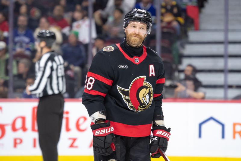 Nov 23, 2024; Ottawa, Ontario, CAN; Ottawa Senators right wing Claude Giroux (28) skates in the second period against the Vancouver Canucks at the Canadian Tire Centre. Mandatory Credit: Marc DesRosiers-Imagn Images