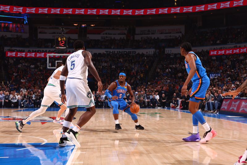 OKLAHOMA CITY, OK - JANUARY 29: Luguentz Dort #5 of the Oklahoma City Thunder handles the ball during the game against the Minnesota Timberwolves on January 29, 2024 at Paycom Arena in Oklahoma City, Oklahoma. NOTE TO USER: User expressly acknowledges and agrees that, by downloading and or using this photograph, User is consenting to the terms and conditions of the Getty Images License Agreement. Mandatory Copyright Notice: Copyright 2024 NBAE (Photo by Zach Beeker/NBAE via Getty Images)