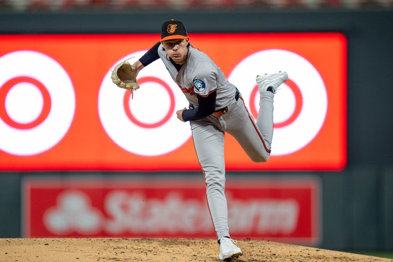 Sep 27, 2024; Minneapolis, Minnesota, USA; Baltimore Orioles starting pitcher Cade Povich (37) pitches to Minnesota Twins third baseman Royce Lewis (23) in the fifth inning at Target Field. Mandatory Credit: Matt Blewett-Imagn Images