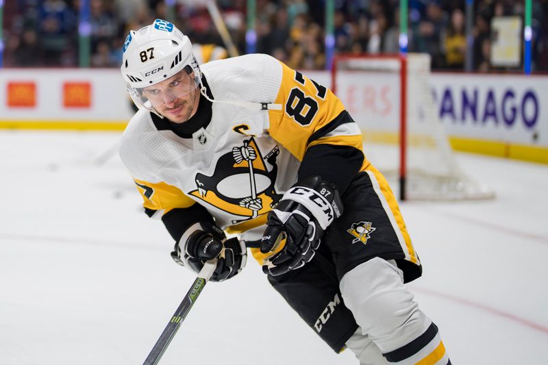 Oct 28, 2022; Vancouver, British Columbia, CAN; Pittsburgh Penguins forward Sidney Crosby (87) skates during warm up prior to a game against the Vancouver Canucks at Rogers Arena.  Mandatory Credit: Bob Frid-USA TODAY Sports