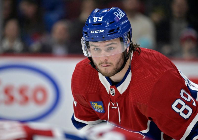 Feb 21, 2024; Montreal, Quebec, CAN; Montreal Canadiens forward Joshua Roy (89) prepares for a face off against the Buffalo Sabres during the third period at the Bell Centre. Mandatory Credit: Eric Bolte-USA TODAY Sports