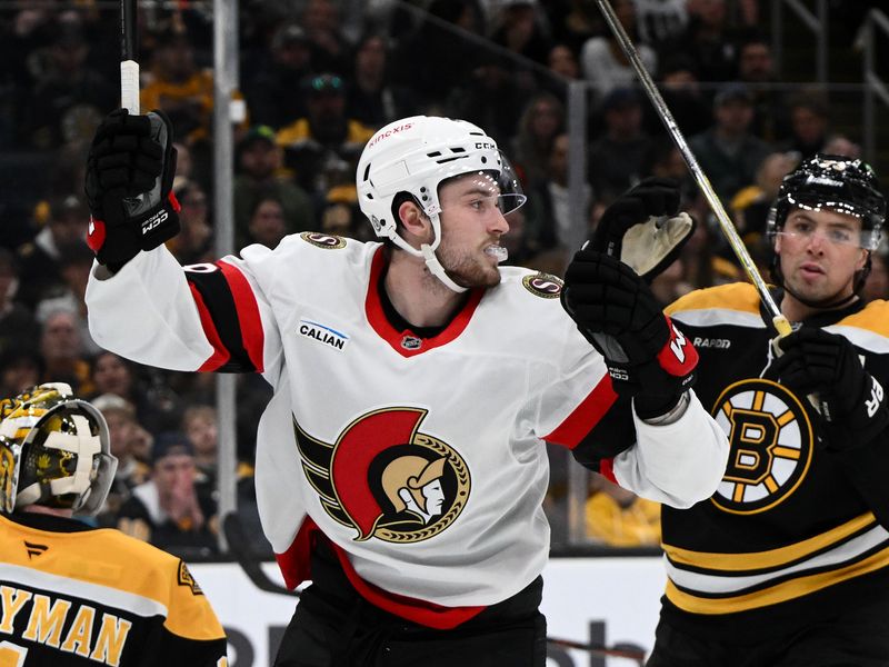 Nov 9, 2024; Boston, Massachusetts, USA; Ottawa Senators center Zack Ostapchuk (38) reacts a goal scored by right wing Michael Amadio (not seen) against the Boston Bruins during the second period at TD Garden. Mandatory Credit: Brian Fluharty-Imagn Images