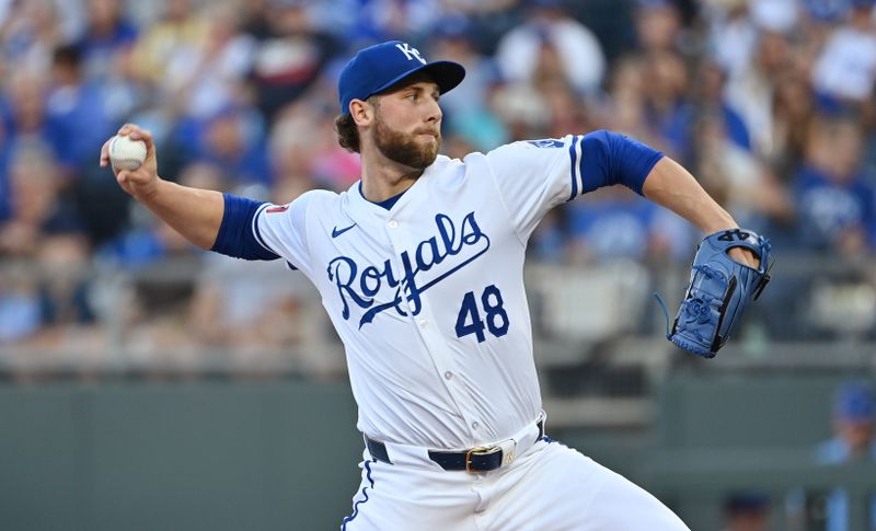 Sep 7, 2024; Kansas City, Missouri, USA; Kansas City Royals starting pitcher Alec Marsh (48) pitches in the first inning against the Minnesota Twins at Kauffman Stadium. Mandatory Credit: Peter Aiken-Imagn Images