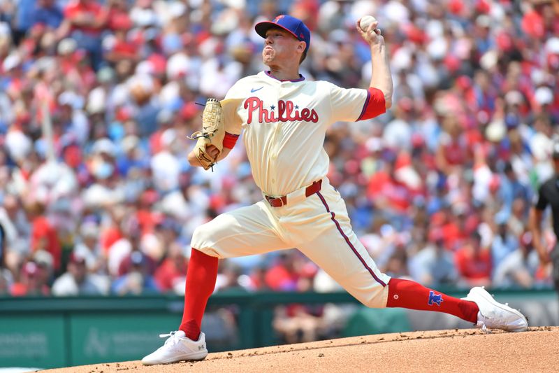 Jul 28, 2024; Philadelphia, Pennsylvania, USA; Philadelphia Phillies pitcher Kolby Allard (49) throws a pitch against the Cleveland Guardians during the first inning at Citizens Bank Park. Mandatory Credit: Eric Hartline-USA TODAY Sports