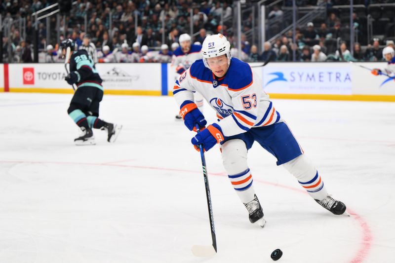 Oct 2, 2024; Seattle, Washington, USA; Edmonton Oilers center Jeff Skinner (53) plays the puck during the third period against the Seattle Kraken at Climate Pledge Arena. Mandatory Credit: Steven Bisig-Imagn Images