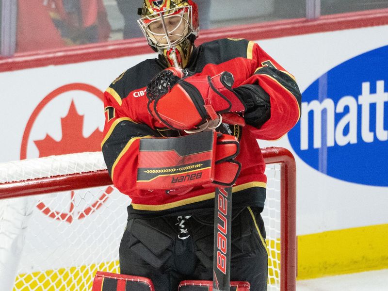 Jan 10, 2026; Ottawa, Ontario, CAN; Ottawa Senators goalie Leevi Merilainen (1) reacts following a goal scored by the Florida Panthers in the third period at the Canadian Tire Centre. Mandatory Credit: Marc DesRosiers-IMAGN Images