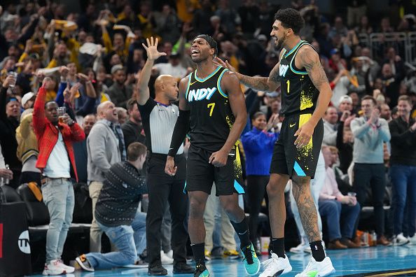 INDIANAPOLIS, IN - DECEMBER 4: Buddy Heild #7 of the Indiana Pacers celebrates during the game against the Boston Celtics during the quarterfinals of the In-Season Tournament on December 4, 2023 at Gainbridge Fieldhouse in Indianapolis, Indiana. NOTE TO USER: User expressly acknowledges and agrees that, by downloading and or using this Photograph, user is consenting to the terms and conditions of the Getty Images License Agreement. Mandatory Copyright Notice: Copyright 2023 NBAE (Photo by Jesse D. Garrabrant/NBAE via Getty Images)