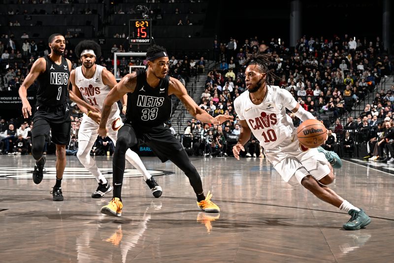 BROOKLYN, NY - FEBRUARY 8: Darius Garland #10 of the Cleveland Cavaliers drives to the basket during the game against the Brooklyn Nets on February 8, 2024 at the Barclays Center in Brooklyn, New York. NOTE TO USER: User expressly acknowledges and agrees that, by downloading and/or using this Photograph, user is consenting to the terms and conditions of the Getty Images License Agreement. Mandatory Copyright Notice: Copyright 2024 NBAE (Photo by David Dow/NBAE via Getty Images)