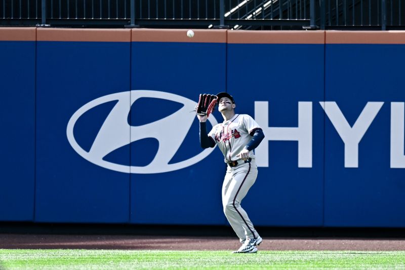 May 11, 2024; New York City, New York, USA; Atlanta Braves outfielder Jarred Kelenic (24) catches a fly ball for an out against the New York Mets during the first inning at Citi Field. Mandatory Credit: John Jones-USA TODAY Sports