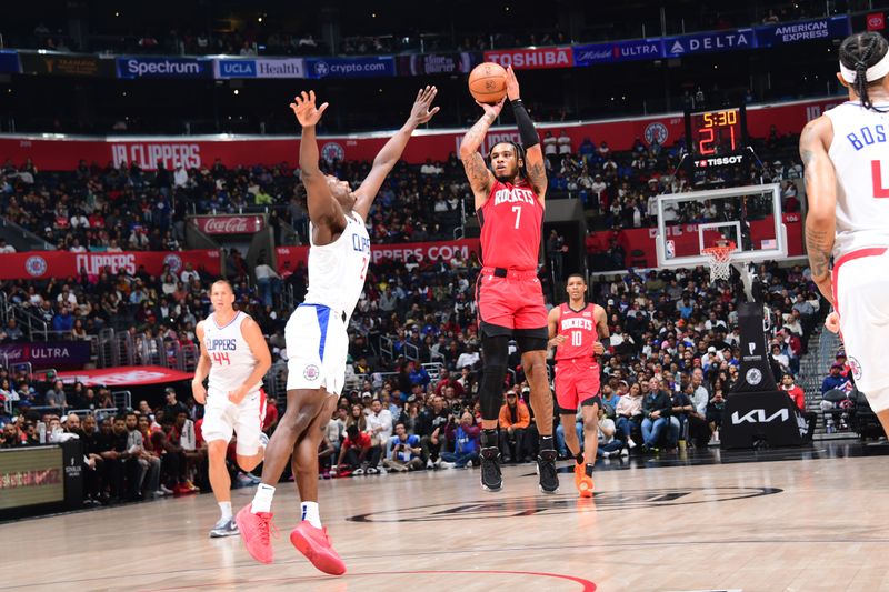 LOS ANGELES, CA - APIRL 14: Cam Whitmore #7 of the Houston Rockets shoots the ball during the game against the LA Clippers on April 14, 2024 at Crypto.Com Arena in Los Angeles, California. NOTE TO USER: User expressly acknowledges and agrees that, by downloading and/or using this Photograph, user is consenting to the terms and conditions of the Getty Images License Agreement. Mandatory Copyright Notice: Copyright 2024 NBAE (Photo by Adam Pantozzi/NBAE via Getty Images)