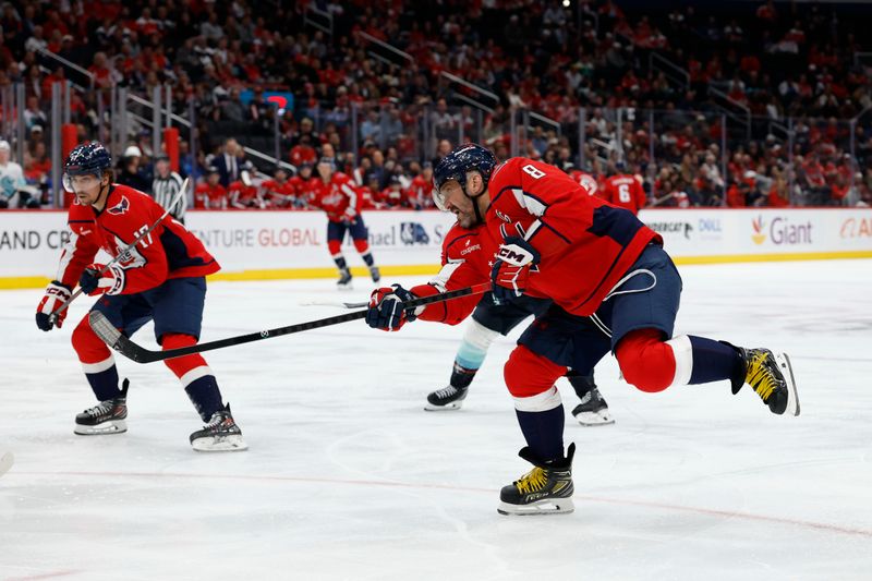 Oct 21, 2025; Washington, District of Columbia, USA;Washington Capitals left wing Alex Ovechkin (8) shoots the puck against the Seattle Kraken during the third period  at Capital One Arena. Mandatory Credit: Geoff Burke-Imagn Images