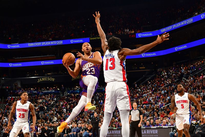 PHOENIX, AZ - FEBRUARY 14: Eric Gordon #23 of the Phoenix Suns drives to the basket during the game against the Detroit Pistons on February 14, 2024 at Footprint Center in Phoenix, Arizona. NOTE TO USER: User expressly acknowledges and agrees that, by downloading and or using this photograph, user is consenting to the terms and conditions of the Getty Images License Agreement. Mandatory Copyright Notice: Copyright 2024 NBAE (Photo by Kate Frese/NBAE via Getty Images)