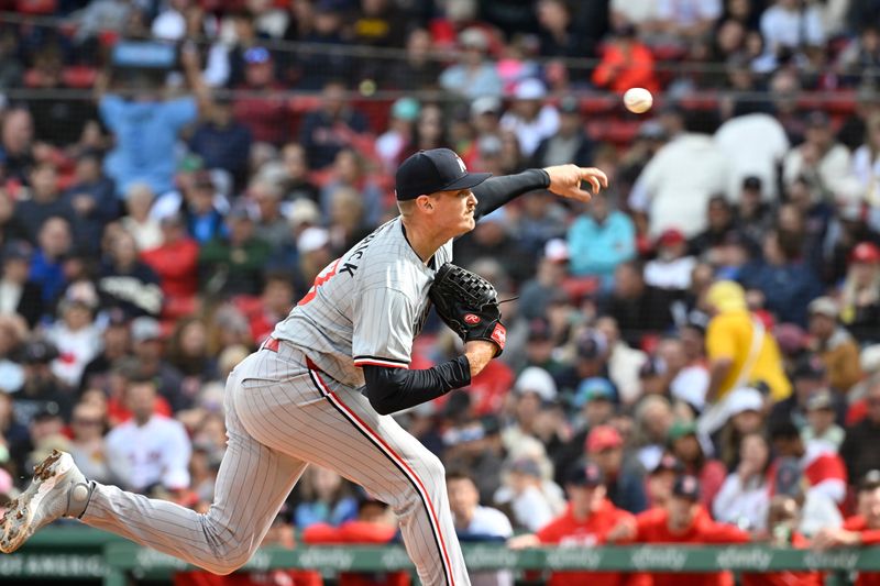 Sep 22, 2024; Boston, Massachusetts, USA; Minnesota Twins pitcher Brent Headrick (53) pitches against the Boston Red Sox during the fifth inning at Fenway Park. Mandatory Credit: Eric Canha-Imagn Images