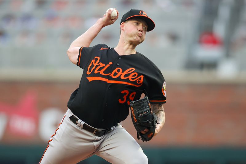 May 6, 2023; Atlanta, Georgia, USA; Baltimore Orioles starting pitcher Kyle Bradish (39) throws against the Atlanta Braves in the second inning at Truist Park. Mandatory Credit: Brett Davis-USA TODAY Sports