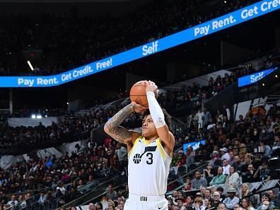 SAN ANTONIO, TX - DECEMBER 26: Keyonte George #3 of the Utah Jazz shoots a three point basket against the San Antonio Spurs on December 26, 2023 at the Frost Bank Center in San Antonio, Texas. NOTE TO USER: User expressly acknowledges and agrees that, by downloading and or using this photograph, user is consenting to the terms and conditions of the Getty Images License Agreement. Mandatory Copyright Notice: Copyright 2023 NBAE (Photos by Michael Gonzales/NBAE via Getty Images)