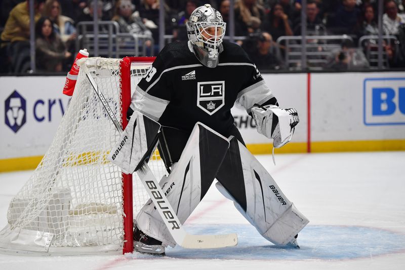 Dec 30, 2023; Los Angeles, California, USA; Los Angeles Kings goaltender Cam Talbot (39) defends the goal against the Edmonton Oilers during the first period at Crypto.com Arena. Mandatory Credit: Gary A. Vasquez-USA TODAY Sports