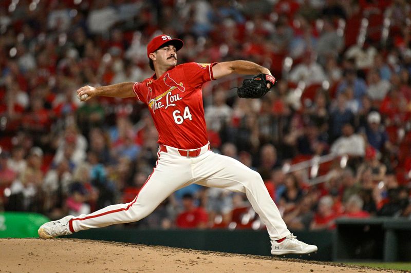 Jun 28, 2024; St. Louis, Missouri, USA; St. Louis Cardinals pitcher Ryan Fernandez (64) throws against the Cincinnati Reds during the sixth inning at Busch Stadium. Mandatory Credit: Jeff Le-USA TODAY Sports