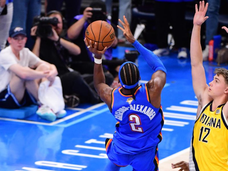 OKLAHOMA CITY, OK - JUNE 8: Shai Gilgeous-Alexander #2 of the Oklahoma City Thunder shoots the ball during the game against the Indiana Pacers during Game Two of the 2025 NBA Finals on June 8, 2025 at Paycom Center in Oklahoma City, Oklahoma. NOTE TO USER: User expressly acknowledges and agrees that, by downloading and or using this photograph, User is consenting to the terms and conditions of the Getty Images License Agreement. Mandatory Copyright Notice: Copyright 2025 NBAE (Photo by Adam Pantozzi/NBAE via Getty Images)