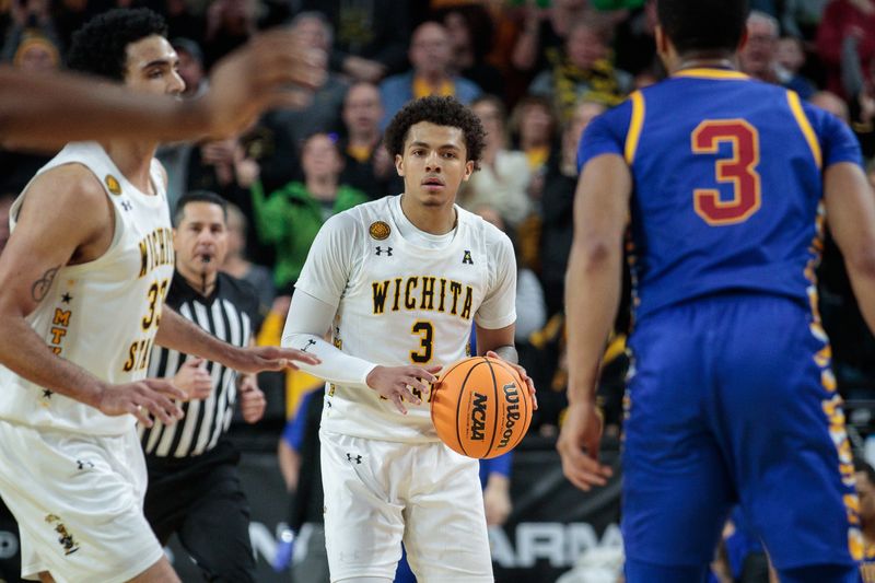 Jan 14, 2023; Wichita, Kansas, USA; Wichita State Shockers guard Craig Porter Jr. (3) looks to set the play during the second half against the Tulsa Golden Hurricane  at Charles Koch Arena. Mandatory Credit: William Purnell-USA TODAY Sports