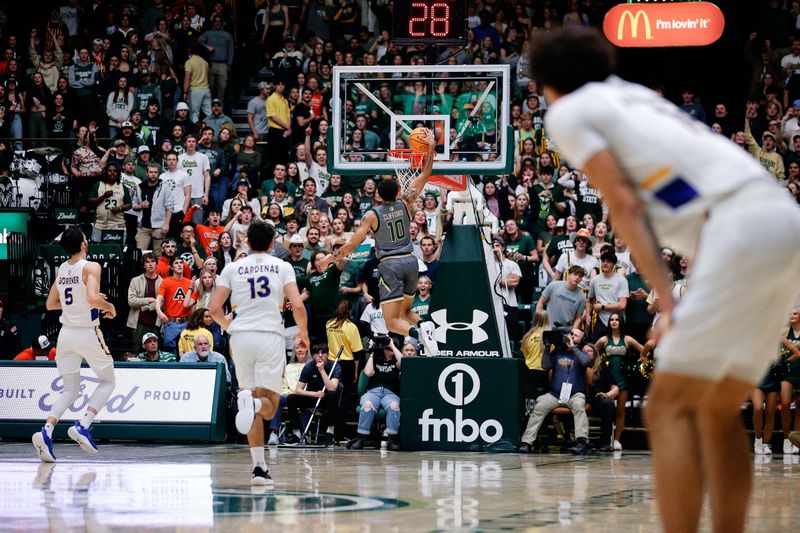 Feb 9, 2024; Fort Collins, Colorado, USA; Colorado State Rams guard Nique Clifford (10) dunks the ball on a breakaway as San Jose State Spartans guard Alvaro Cardenas (13) and forward Tibet Gorener (5) look on in the first half at Moby Arena. Mandatory Credit: Isaiah J. Downing-USA TODAY Sports