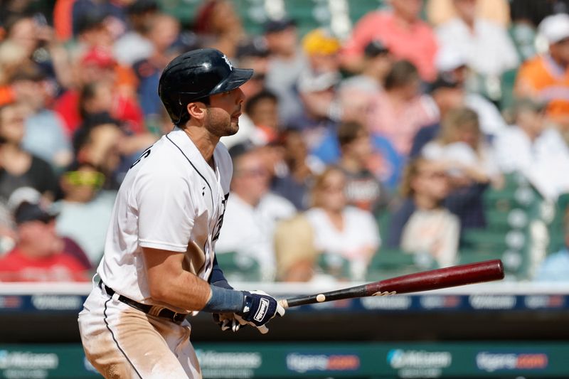 Sep 14, 2023; Detroit, Michigan, USA; Detroit Tigers right fielder Matt Vierling (8) hits a grand slam in the eighth inning against the Cincinnati Reds at Comerica Park. Mandatory Credit: Rick Osentoski-USA TODAY Sports