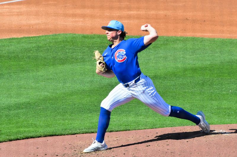 Feb 27, 2026; Mesa, Arizona, USA; Chicago Cubs pitcher Ryan Rolison (33) throws in the third inning against the Cleveland Guardians at Sloan Park. Mandatory Credit: Matt Kartozian-Imagn Images
