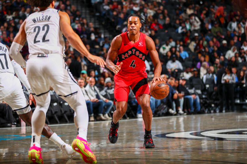 BROOKLYN, NY - OCTOBER 18: Scottie Barnes #4 of the Toronto Raptors dribbles the ball during the game on October 18, 2024 at Barclays Center in Brooklyn, New York. NOTE TO USER: User expressly acknowledges and agrees that, by downloading and or using this Photograph, user is consenting to the terms and conditions of the Getty Images License Agreement. Mandatory Copyright Notice: Copyright 2024 NBAE (Photo by David L. Nemec/NBAE via Getty Images)