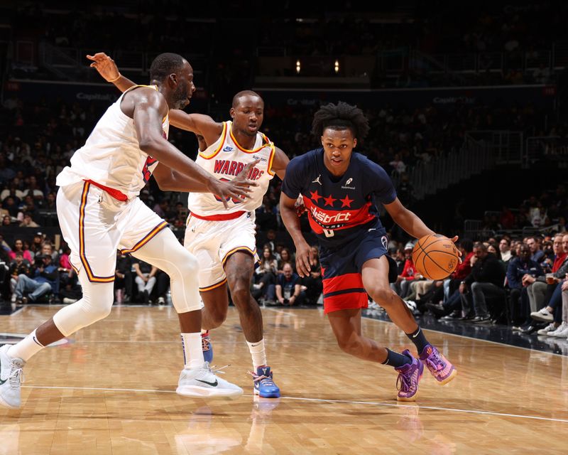 WASHINGTON, DC -? NOVEMBER 4: Bub Carrington #8 of the Washington Wizards drives to the basket during the game against the Golden State Warriors on November 4, 2024 at Capital One Arena in Washington, DC. NOTE TO USER: User expressly acknowledges and agrees that, by downloading and or using this Photograph, user is consenting to the terms and conditions of the Getty Images License Agreement. Mandatory Copyright Notice: Copyright 2024 NBAE (Photo by Stephen Gosling/NBAE via Getty Images)