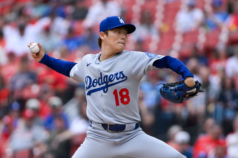 Jun 7, 2025; St. Louis, Missouri, USA;  Los Angeles Dodgers starting pitcher Yoshinobu Yamamoto (18) pitches against the St. Louis Cardinals during the first inning at Busch Stadium. Mandatory Credit: Jeff Curry-Imagn Images