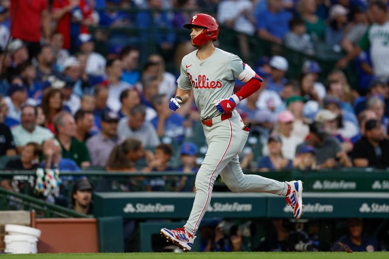 Jul 2, 2024; Chicago, Illinois, USA; Philadelphia Phillies shortstop Trea Turner (7) rounds the bases after hitting a solo home run against the Chicago Cubs during the third inning at Wrigley Field. Mandatory Credit: Kamil Krzaczynski-USA TODAY Sports