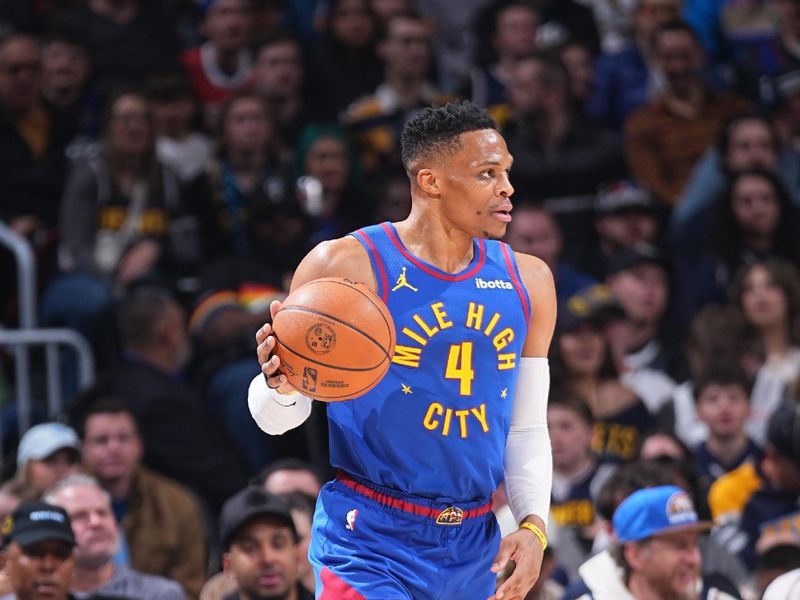 DENVER, CO - MARCH 5: Russell Westbrook #4 of the Denver Nuggets dribbles the ball during the game against the Sacramento Kings  on March 5, 2025 at Ball Arena in Denver, Colorado. NOTE TO USER: User expressly acknowledges and agrees that, by downloading and/or using this Photograph, user is consenting to the terms and conditions of the Getty Images License Agreement. Mandatory Copyright Notice: Copyright 2025 NBAE (Photo by Bart Young/NBAE via Getty Images)