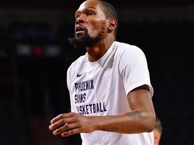 PHOENIX, AZ - NOVEMBER 2: Kevin Durant #35 of the Phoenix Suns looks on before the game against the San Antonio Spurs on November 2, 2023 at Footprint Center in Phoenix, Arizona. NOTE TO USER: User expressly acknowledges and agrees that, by downloading and or using this photograph, user is consenting to the terms and conditions of the Getty Images License Agreement. Mandatory Copyright Notice: Copyright 2023 NBAE (Photo by Barry Gossage/NBAE via Getty Images)