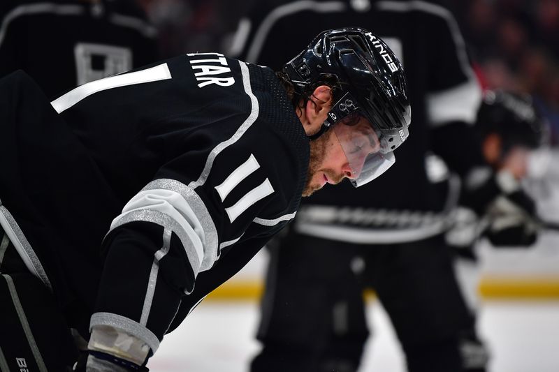 Apr 29, 2023; Los Angeles, California, USA; Los Angeles Kings center Anze Kopitar (11) before the face off against the Edmonton Oilers during the first period in game six of the first round of the 2023 Stanley Cup Playoffs at Crypto.com Arena. Mandatory Credit: Gary A. Vasquez-USA TODAY Sports