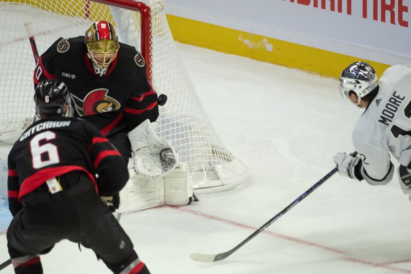 Nov 2, 2023; Ottawa, Ontario, CAN; Ottawa Senators goalie Joonas Korpisalo (70) makes a save on a shot from Los Angeles Kings left wing Trevor Moore (12) in the third period at the Canadian Tire Centre. Mandatory Credit: Marc DesRosiers-USA TODAY Sports