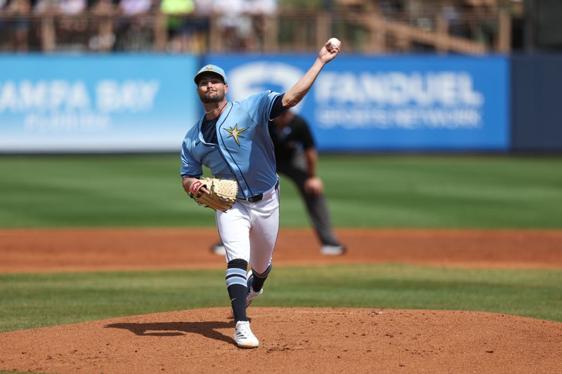 Mar 1, 2025; Port Charlotte, Florida, USA; Tampa Bay Rays pitcher Shane McClanahan (18) throws a pitch against the New York Mets in the second inning during spring training at Charlotte Sports Park. Mandatory Credit: Nathan Ray Seebeck-Imagn Images