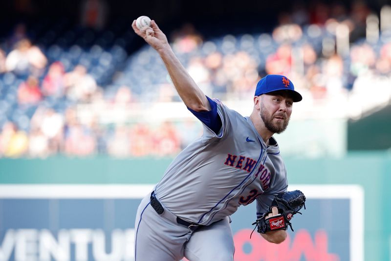 Jun 3, 2024; Washington, District of Columbia, USA; New York Mets starting pitcher Tylor Megill (38) pitches against the Washington Nationals during the first inning at Nationals Park. Mandatory Credit: Geoff Burke-USA TODAY Sports