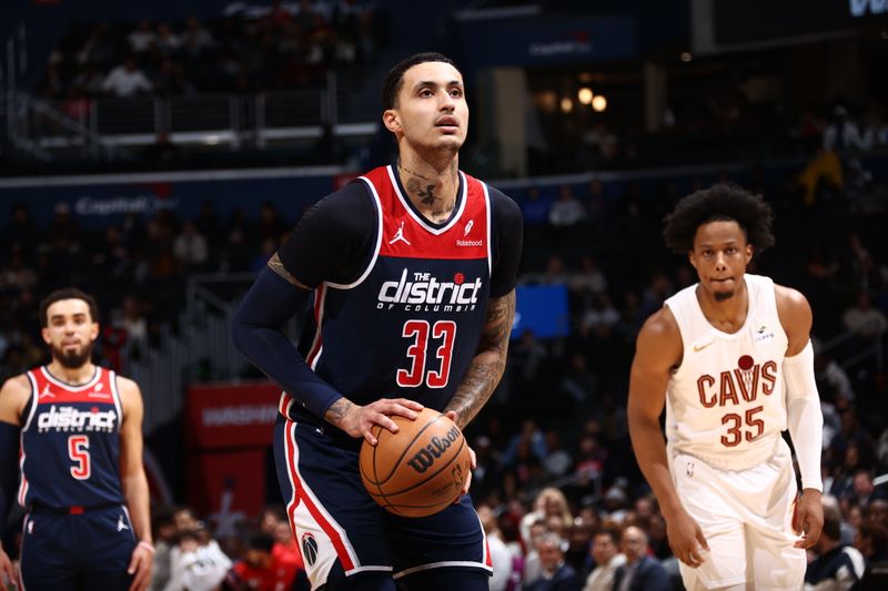 WASHINGTON, DC -? FEBRUARY 7: Kyle Kuzma #33 of the Washington Wizards prepares to shoot a free throw during the game against the Cleveland Cavaliers on February 7, 2024 at Capital One Arena in Washington, DC. NOTE TO USER: User expressly acknowledges and agrees that, by downloading and or using this Photograph, user is consenting to the terms and conditions of the Getty Images License Agreement. Mandatory Copyright Notice: Copyright 2024 NBAE (Photo by Kenny Giarla/NBAE via Getty Images)