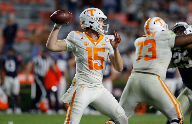 Nov 21, 2020; Auburn, Alabama, USA;   Tennessee Volunteers quarterback Harrison Bailey (15) drops back to pass against the Auburn Tigers during the fourth quarter at Jordan-Hare Stadium. Mandatory Credit: John Reed-USA TODAY Sports